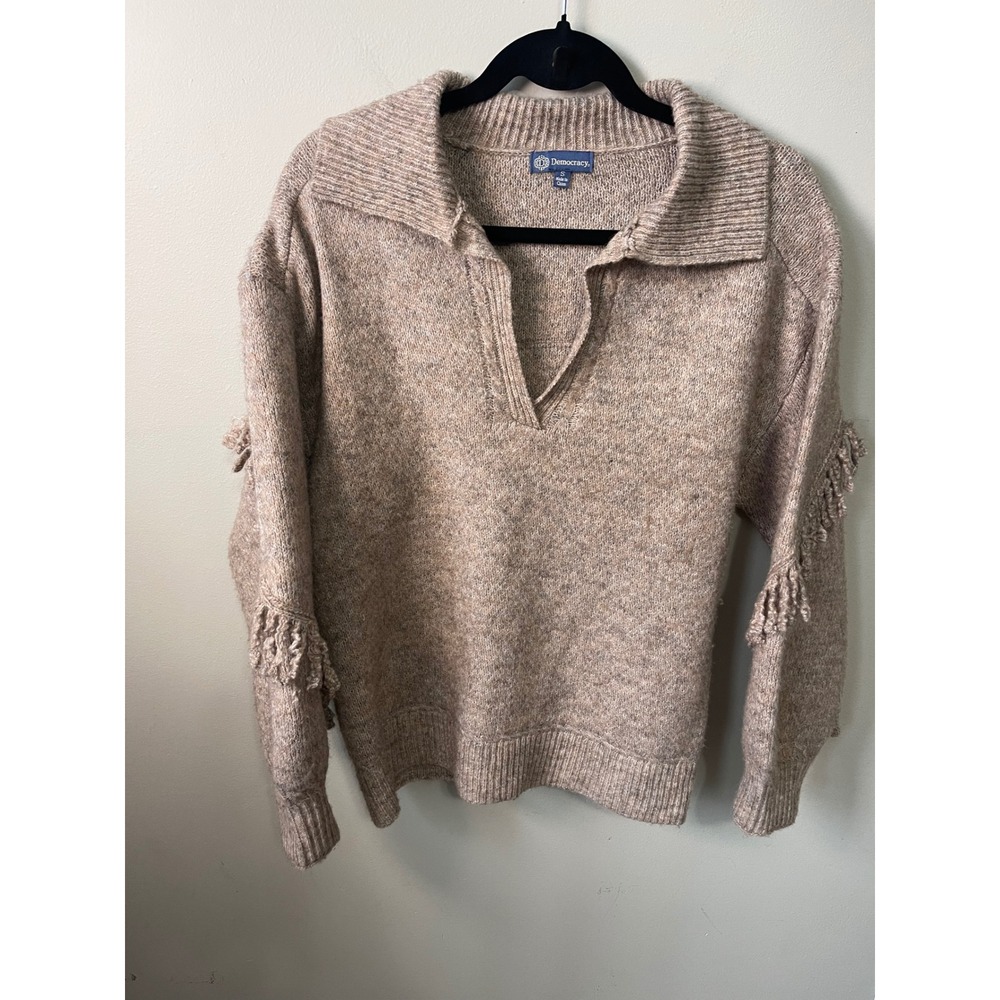 Democracy Womens Fringe Back V-Neck Sweater Tan Heather Marl Knit boho stlylist